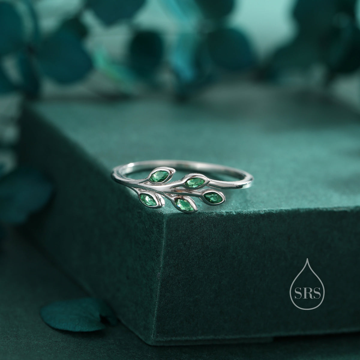 Sterling Silver Green CZ Leaf Ring, Small Olive Leaf Ring, Nature Inspired Leaf Ring, Green Leaf Ring