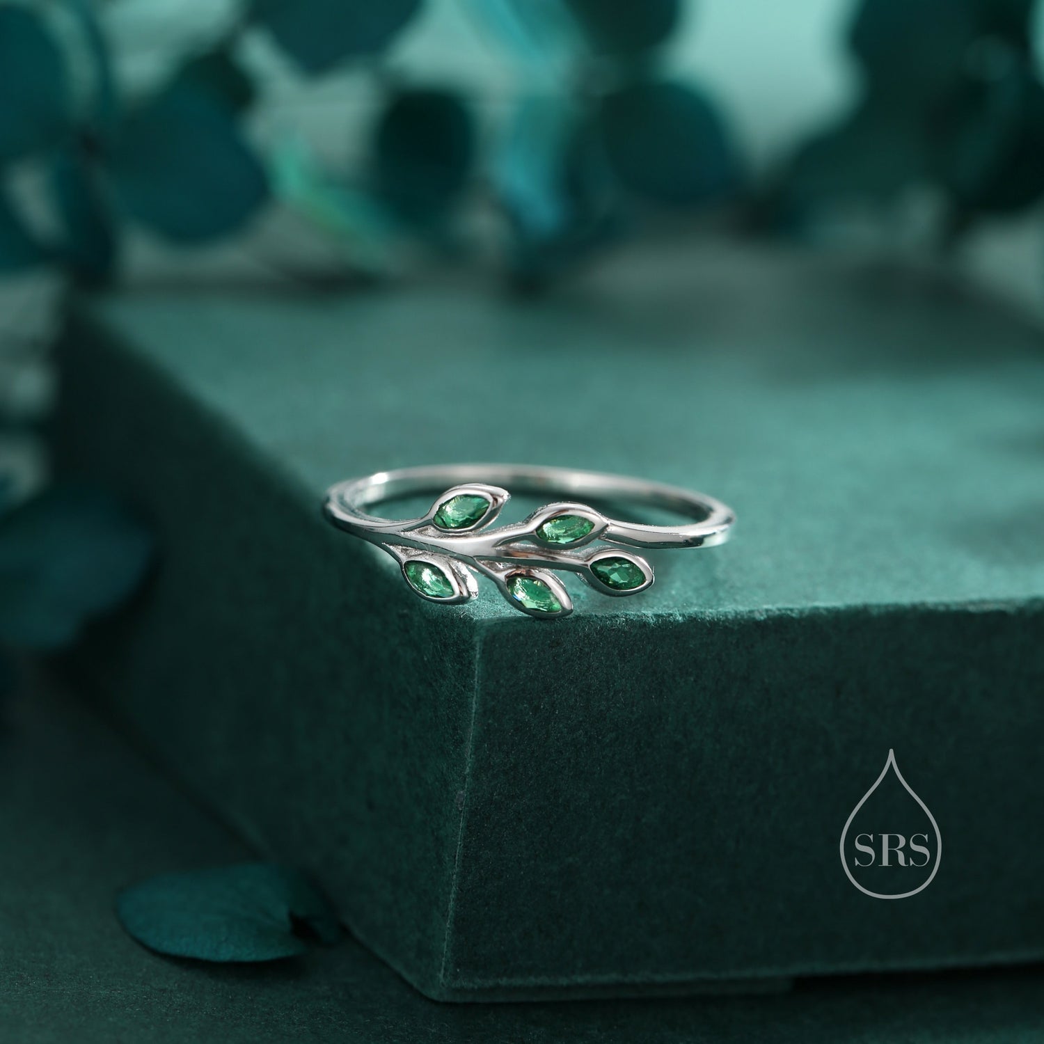 Sterling Silver Green CZ Leaf Ring, Small Olive Leaf Ring, Nature Inspired Leaf Ring, Green Leaf Ring