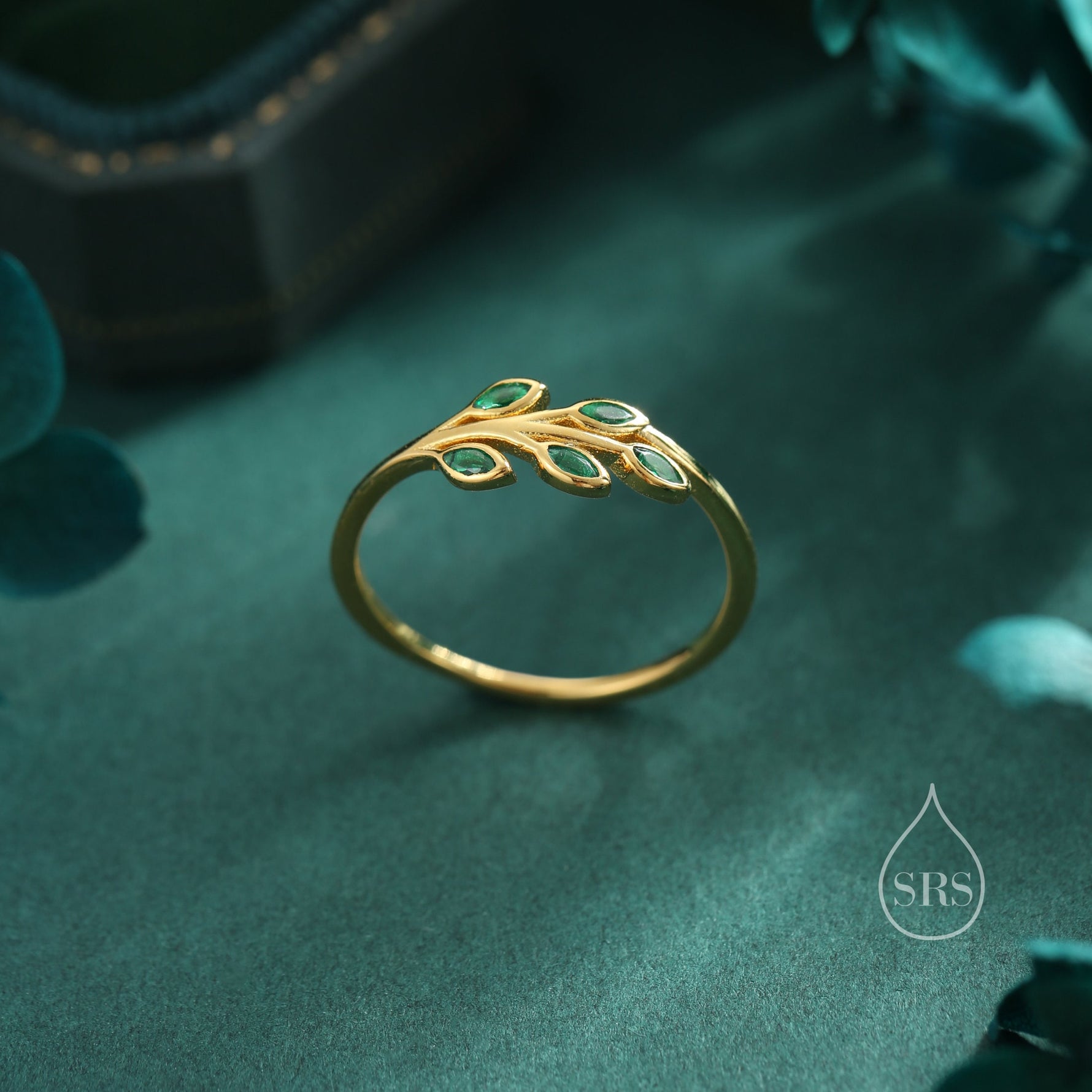 Sterling Silver Green CZ Leaf Ring, Small Olive Leaf Ring, Nature Inspired Leaf Ring, Green Leaf Ring