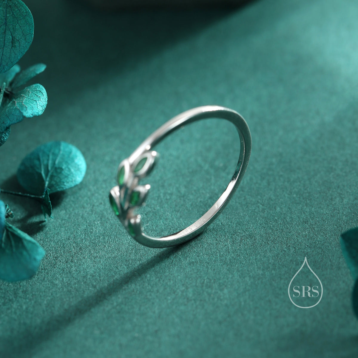 Sterling Silver Green CZ Leaf Ring, Small Olive Leaf Ring, Nature Inspired Leaf Ring, Green Leaf Ring