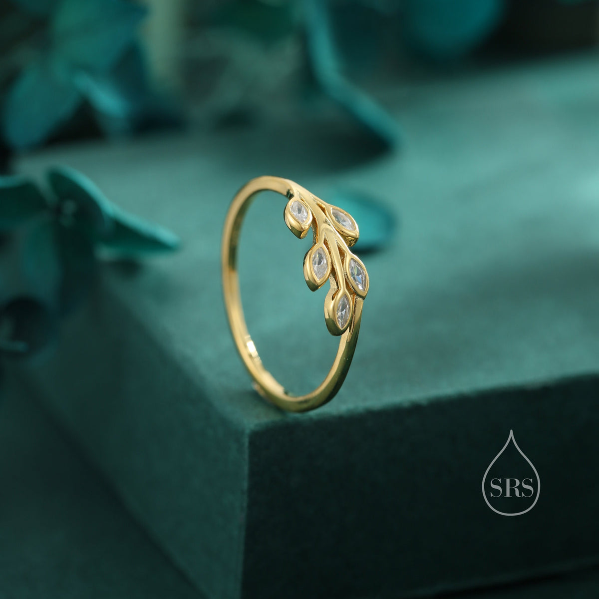 Sterling Silver CZ Leaf Ring, Adjustable Size, Small Olive Leaf Ring, Nature Inspired Leaf Ring, Clear Leaf Ring