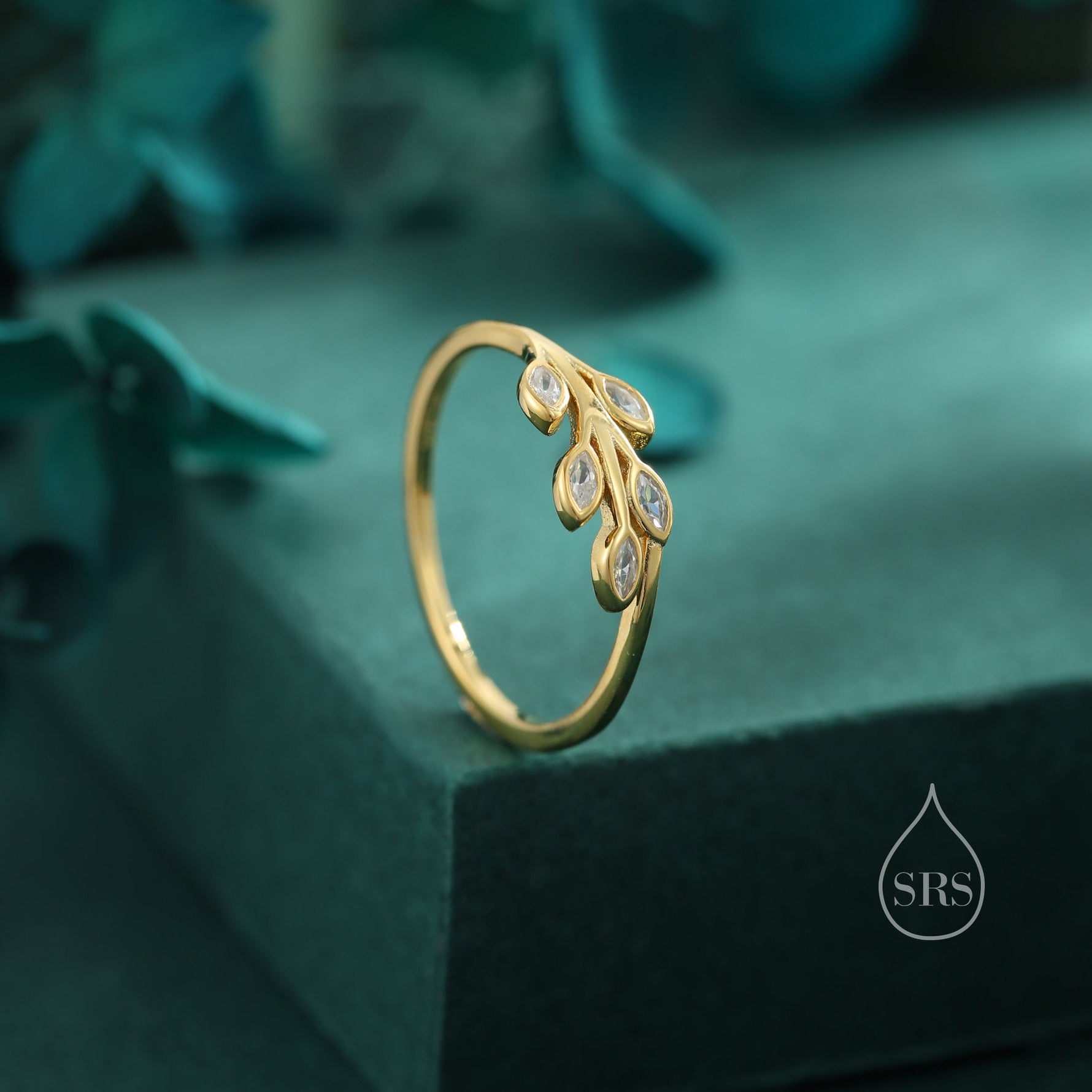 Sterling Silver CZ Leaf Ring, Adjustable Size, Small Olive Leaf Ring, Nature Inspired Leaf Ring, Clear Leaf Ring