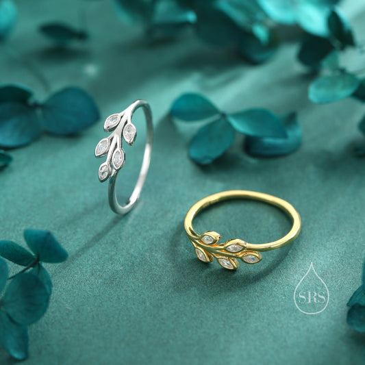 Sterling Silver CZ Leaf Ring, Adjustable Size,  Small Olive Leaf Ring, Nature Inspired Leaf Ring, Clear Leaf Ring