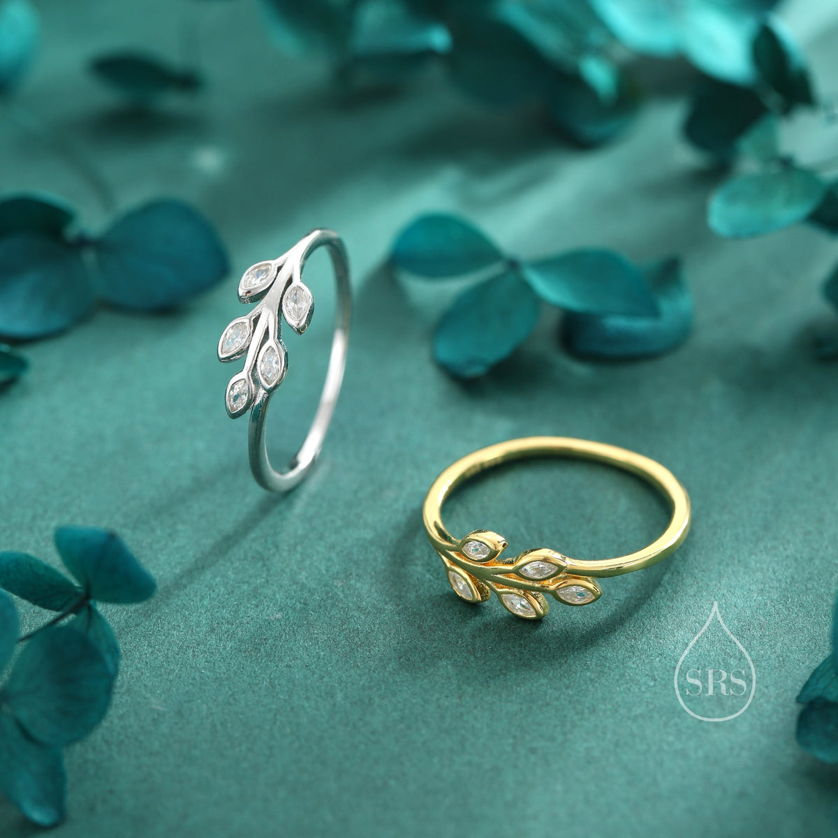 Sterling Silver CZ Leaf Ring, Adjustable Size, Small Olive Leaf Ring, Nature Inspired Leaf Ring, Clear Leaf Ring