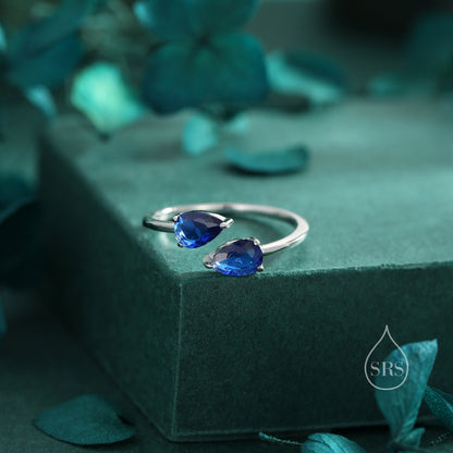 Toi et Moi Pear Cut Sapphire Blue CZ Open Ring in Sterling Silver, Adjustable Size, Sapphire Blue CZ Double Stone Ring, Pear Cut Ring