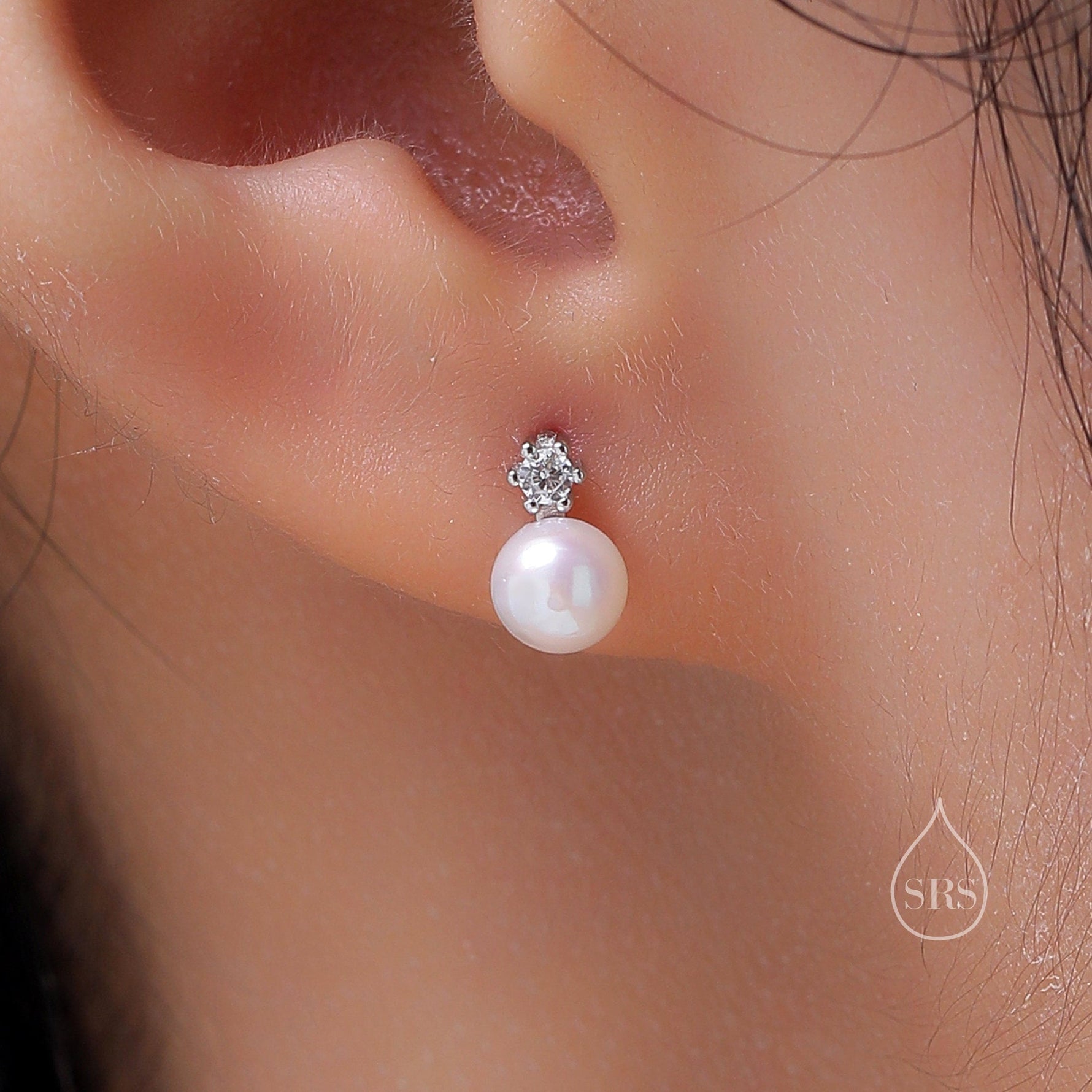 Tiny Genuine Pearl and CZ 16G Internally Threaded Flat Back Earrings in Sterling Silver