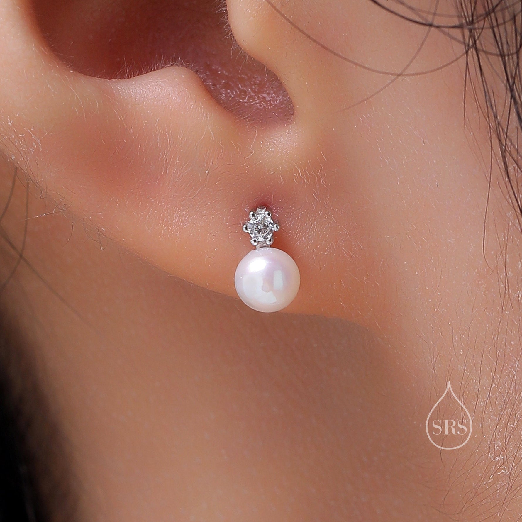 Tiny Genuine Pearl & CZ 18G Screw Back Earrings in Sterling Silver