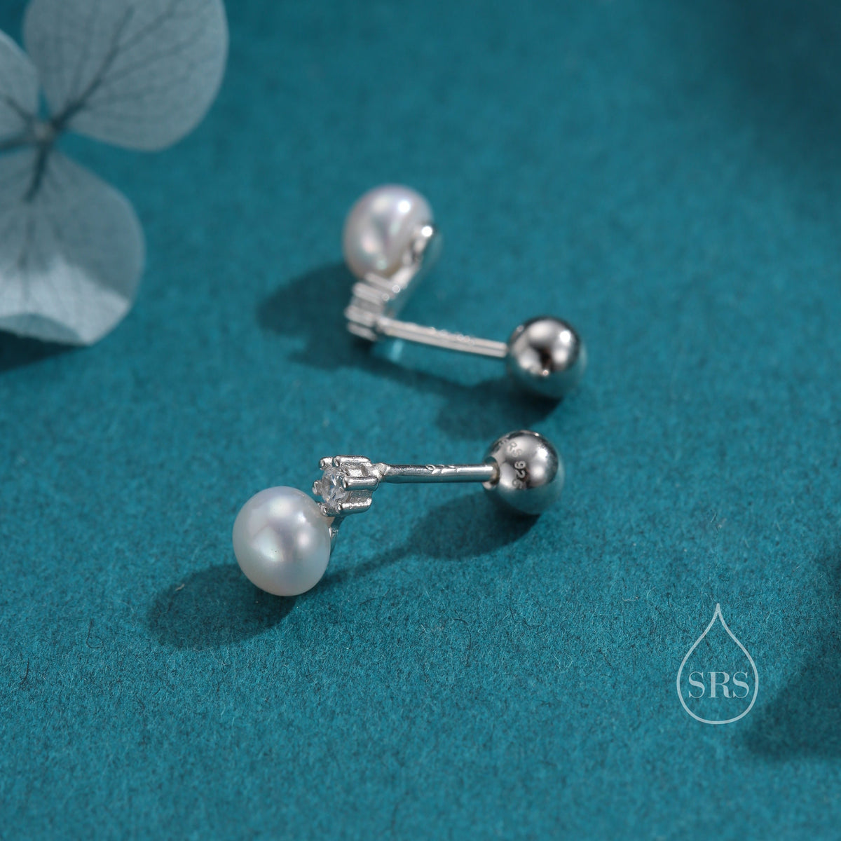 Tiny Genuine Pearl & CZ 18G Screw Back Earrings in Sterling Silver
