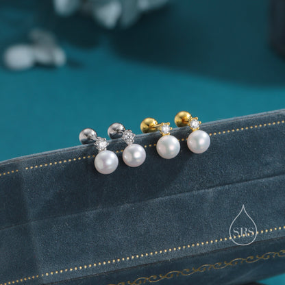 Tiny Genuine Pearl and CZ Screw Back Earrings in Sterling Silver, Silver or Gold, Natural Pearl Earrings, Freshwater Pearl Earrings