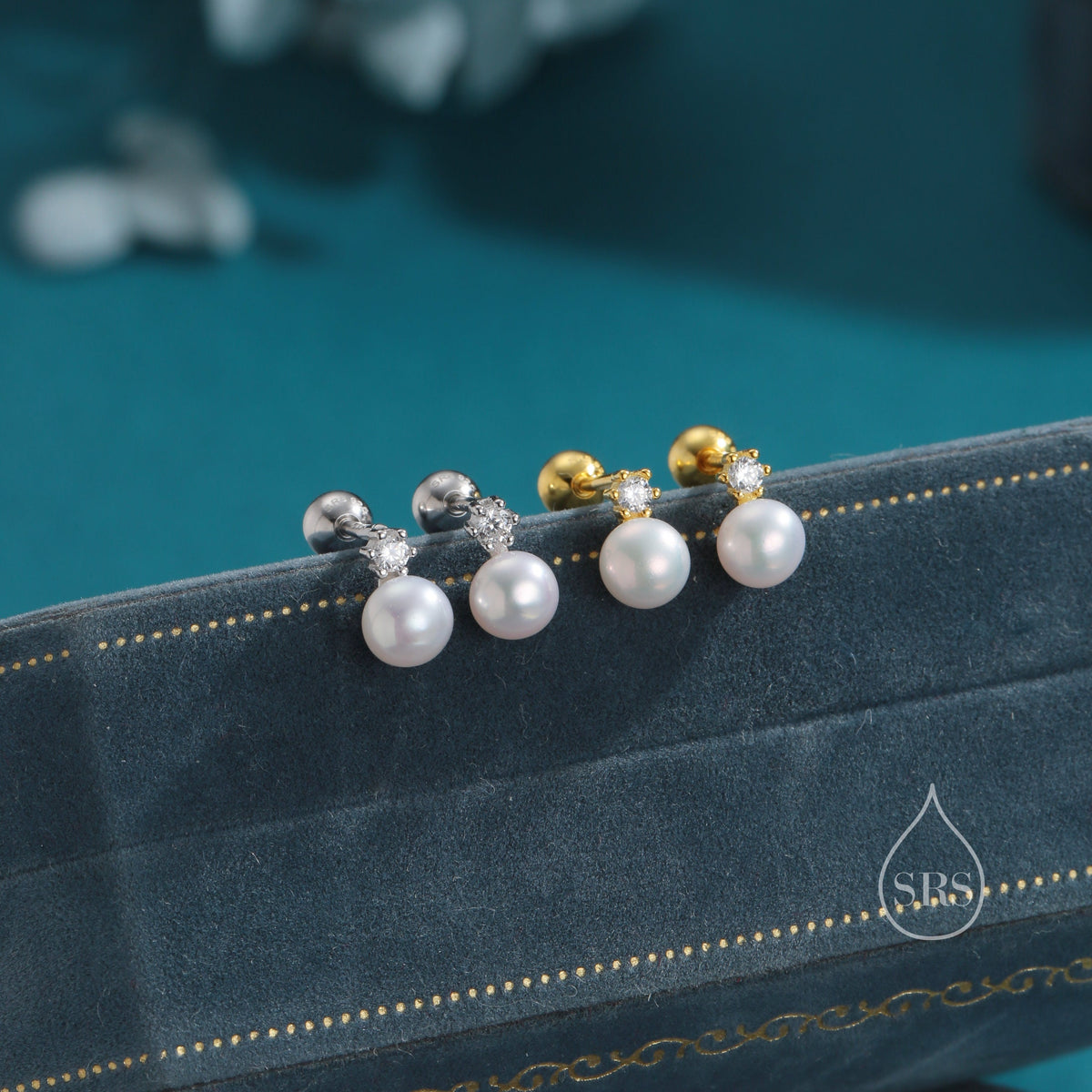 Tiny Genuine Pearl & CZ 18G Screw Back Earrings in Sterling Silver