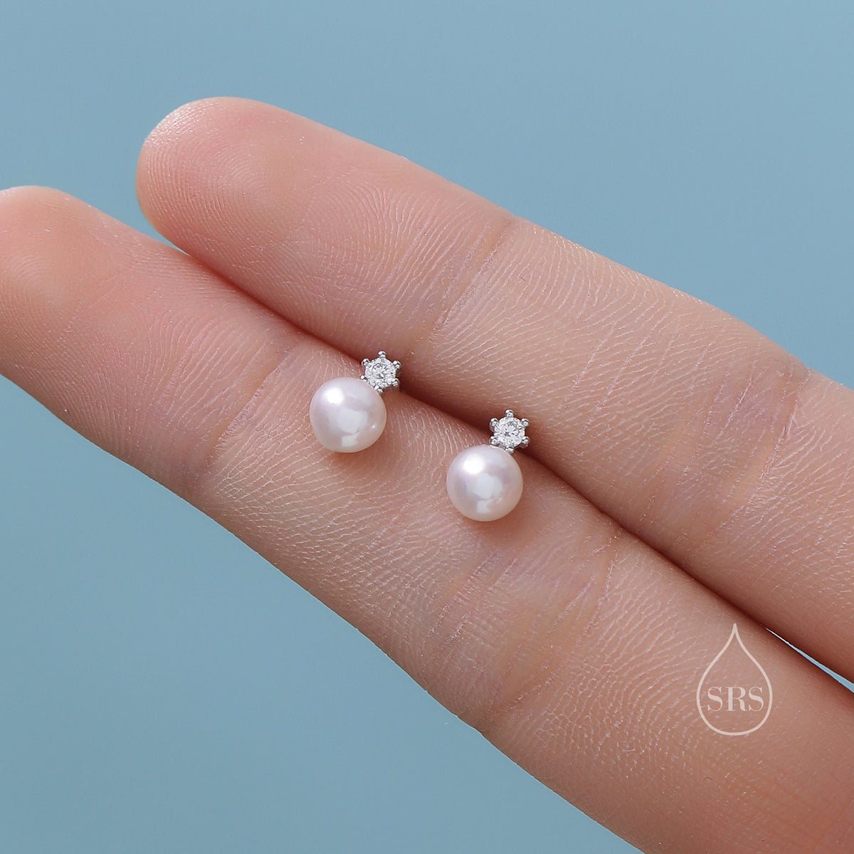 Tiny Genuine Pearl and CZ 16G Internally Threaded Flat Back Earrings in Sterling Silver