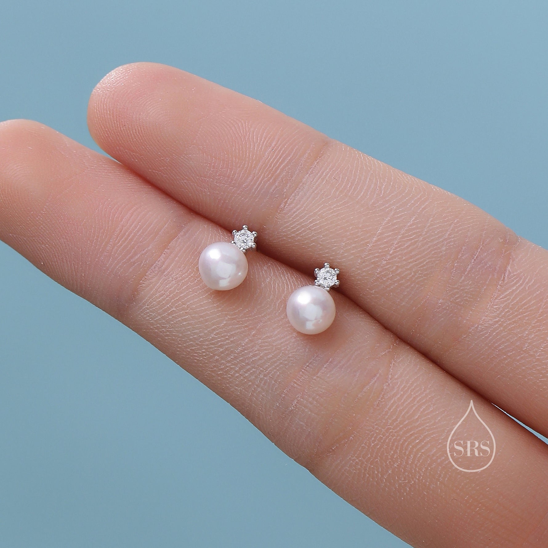Tiny Genuine Pearl & CZ 18G Screw Back Earrings in Sterling Silver