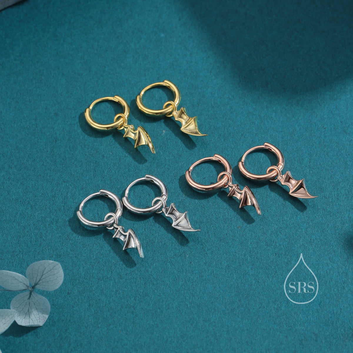 Bat Wing Huggie Hoop Earrings in Sterling Silver, Silver or Gold or Rose Gold, Demon Wing Earrings, Devil Wing Earrings, Detachable