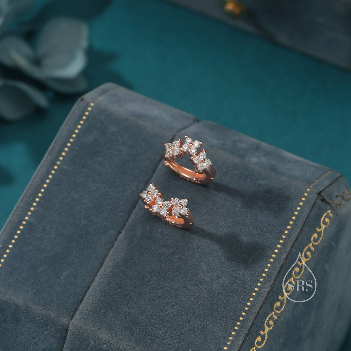 Hydrangea Flower Bouquet CZ Huggie Hoop Earrings in Sterling Silver, Silver or Gold or Rose Gold, CZ Hoops, Flower Hoops, Dainty CZ Hoops