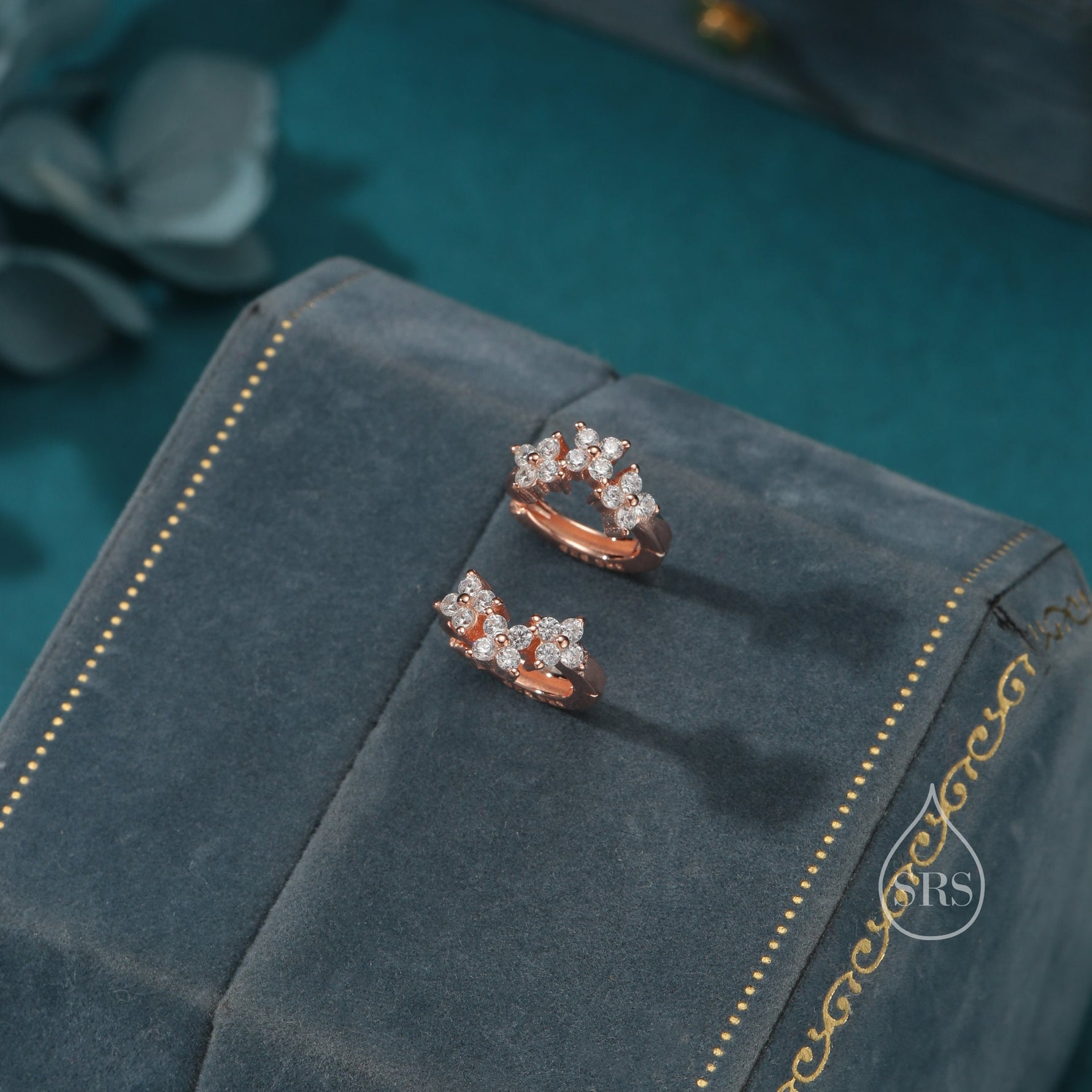 Hydrangea Flower Bouquet CZ Huggie Hoop Earrings in Sterling Silver, Silver or Gold or Rose Gold, CZ Hoops, Flower Hoops, Dainty CZ Hoops