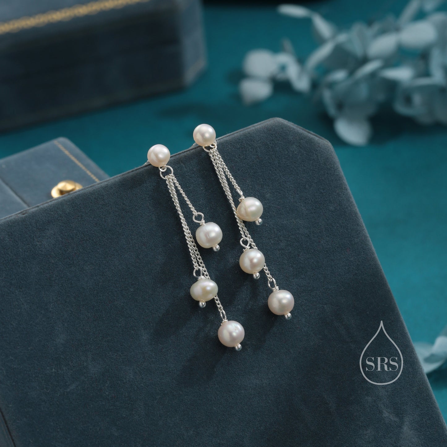 Natural Freshwater Pearl Drop Dangle Earrings in Sterling Silver, Silver or Gold, Delicate Pearl Cascade Earrings, Genuine Pearls