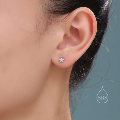 Tiny Flower CZ Internally Threaded Flat Back/ Screw Back Earrings in Sterling Silver, Forget Me Not Floral CZ Earrings, Silver or Gold