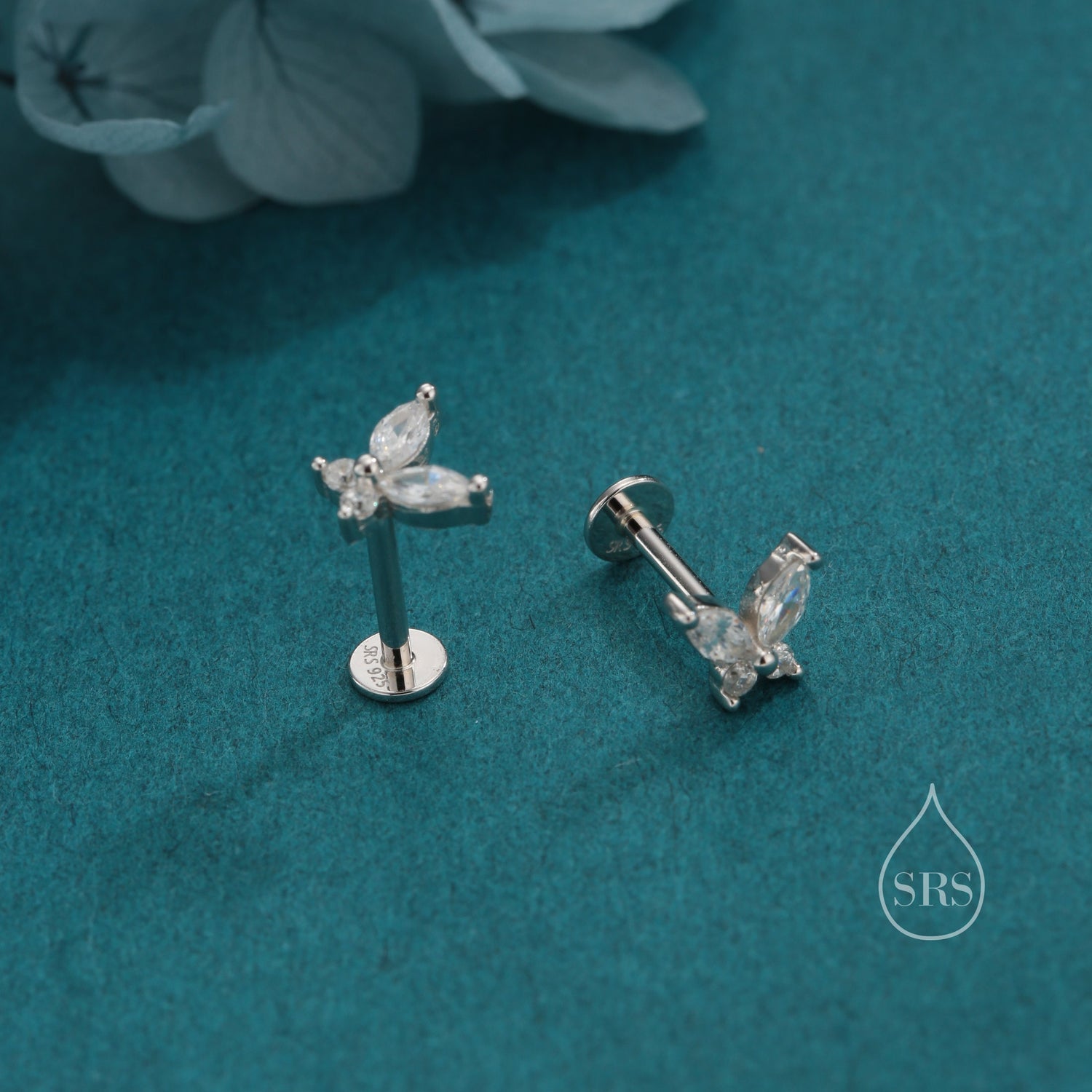 CZ Butterfly 16G Internally Threaded Flat Back Earrings in Sterling Silver, Animal Earrings