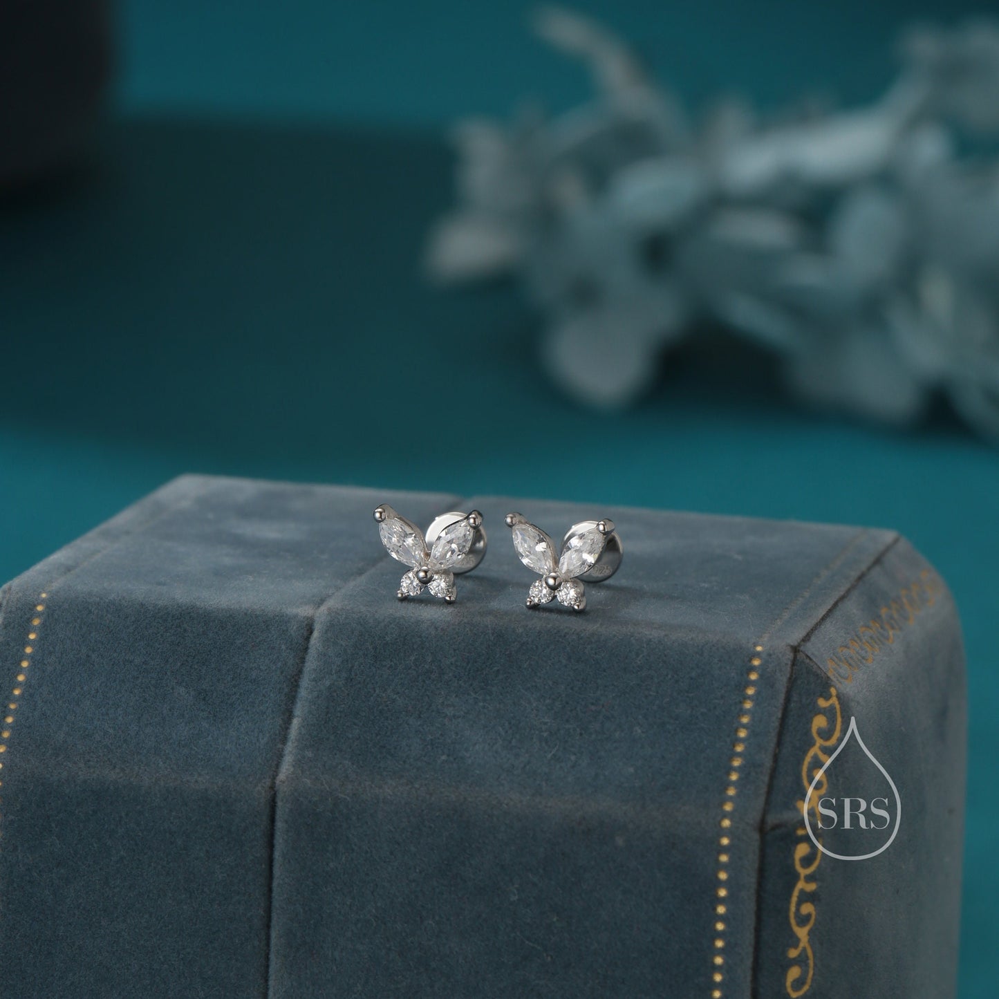 CZ Butterfly Flat Back Earrings in Sterling Silver,  Internally Threaded, Silver or Gold, Also Available in Screw Backs, Butterfly Backs