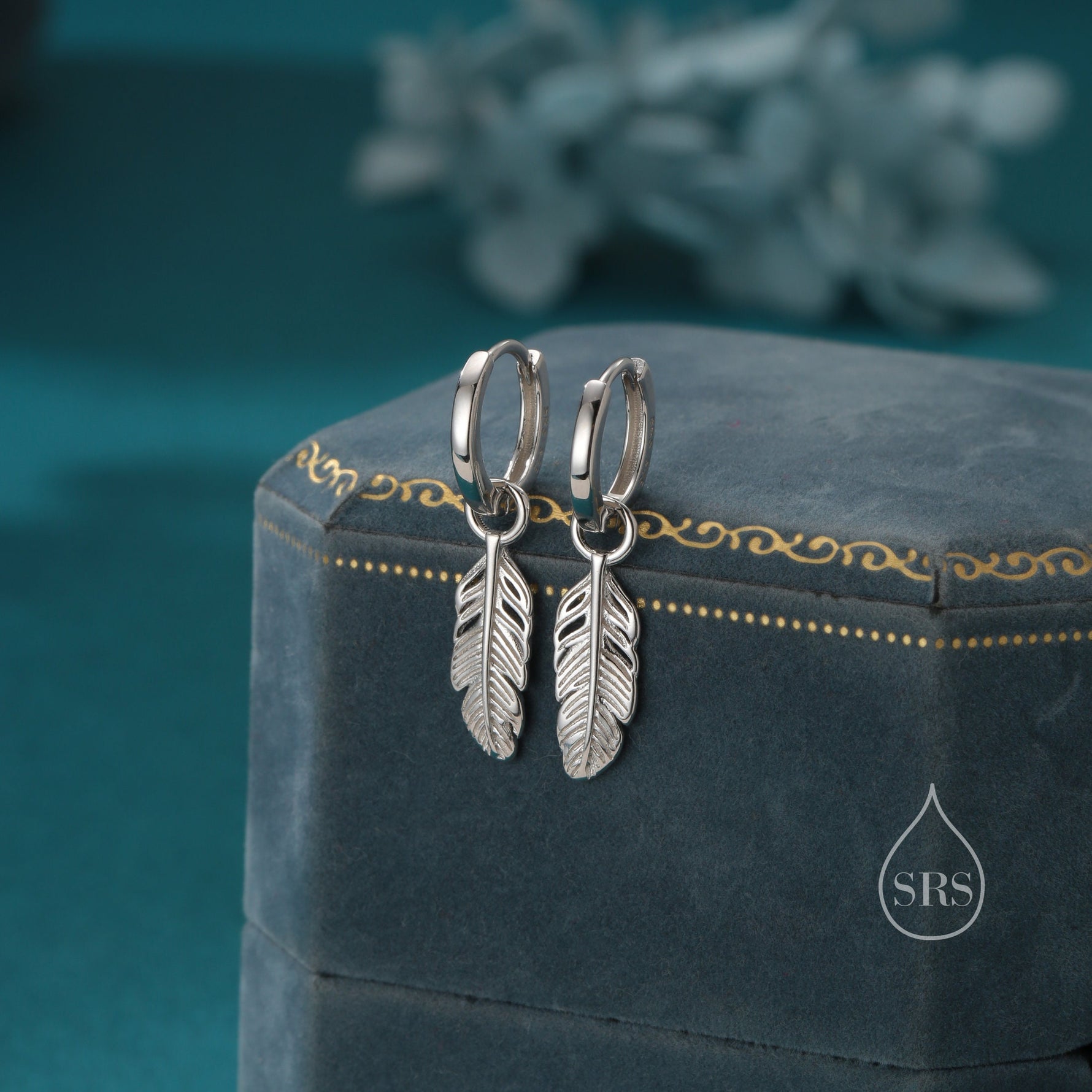 Sterling Silver Feather Hoop Earrings, Detachable Feather Dangle Hoop Earrings, Silver or Gold, Interchangeable Charms