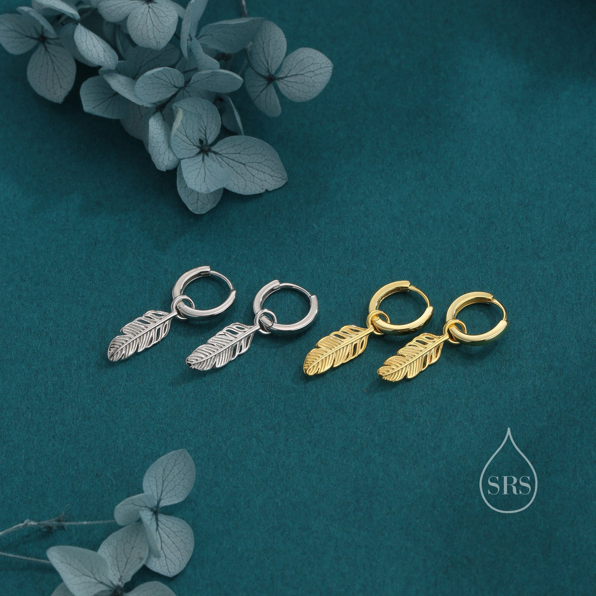 Sterling Silver Feather Hoop Earrings, Detachable Feather Dangle Hoop Earrings, Silver or Gold, Interchangeable Charms