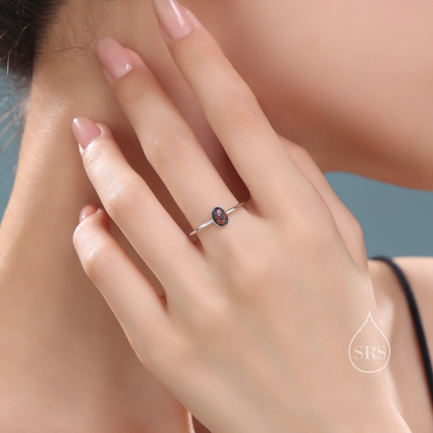 Black Opal Oval Ring in Sterling Silver, US 5 - 8, Lab Created Black Opal Stone Ring, Simulated Black Opal Ring