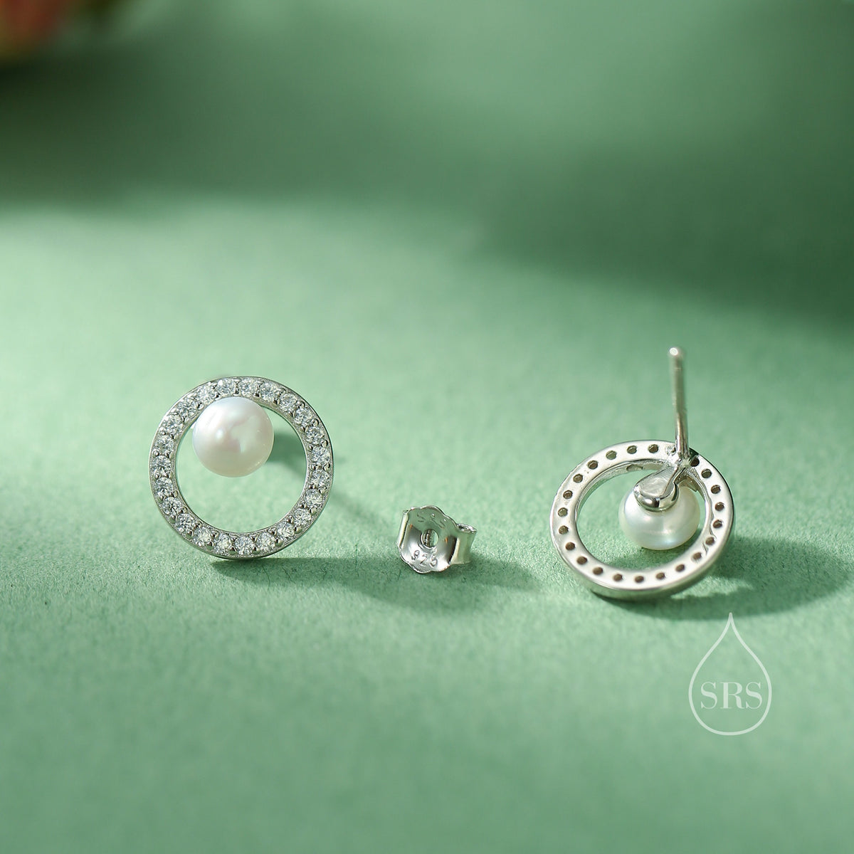Pave Circle with Pearls Stud Earrings in Sterling Silver, CZ Pave, Genuine Freshwater Pearls