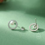 Pave Circle with Pearls Stud Earrings in Sterling Silver, CZ Pave, Genuine Freshwater Pearls