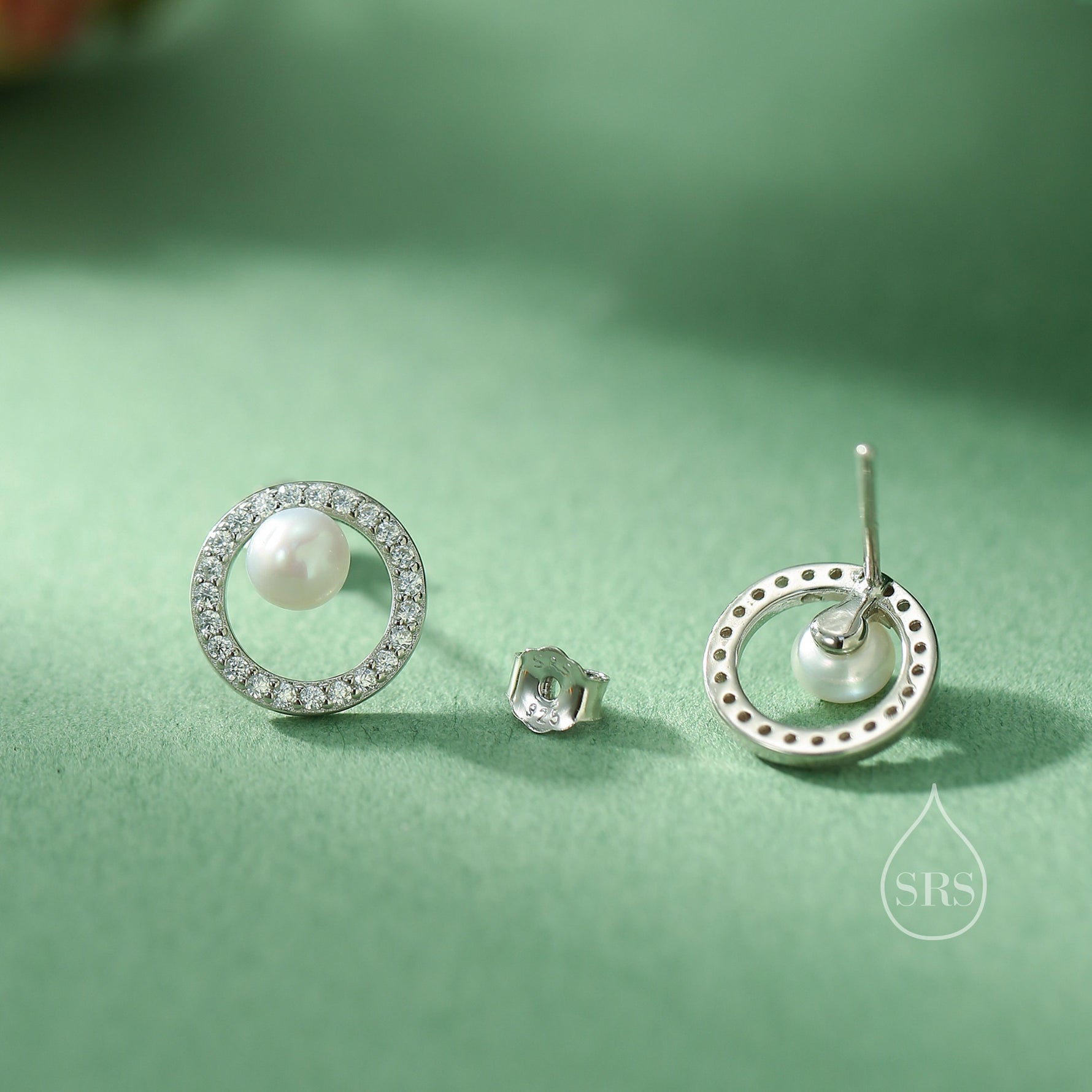 Pave Circle with Pearls Stud Earrings in Sterling Silver, CZ Pave, Genuine Freshwater Pearls