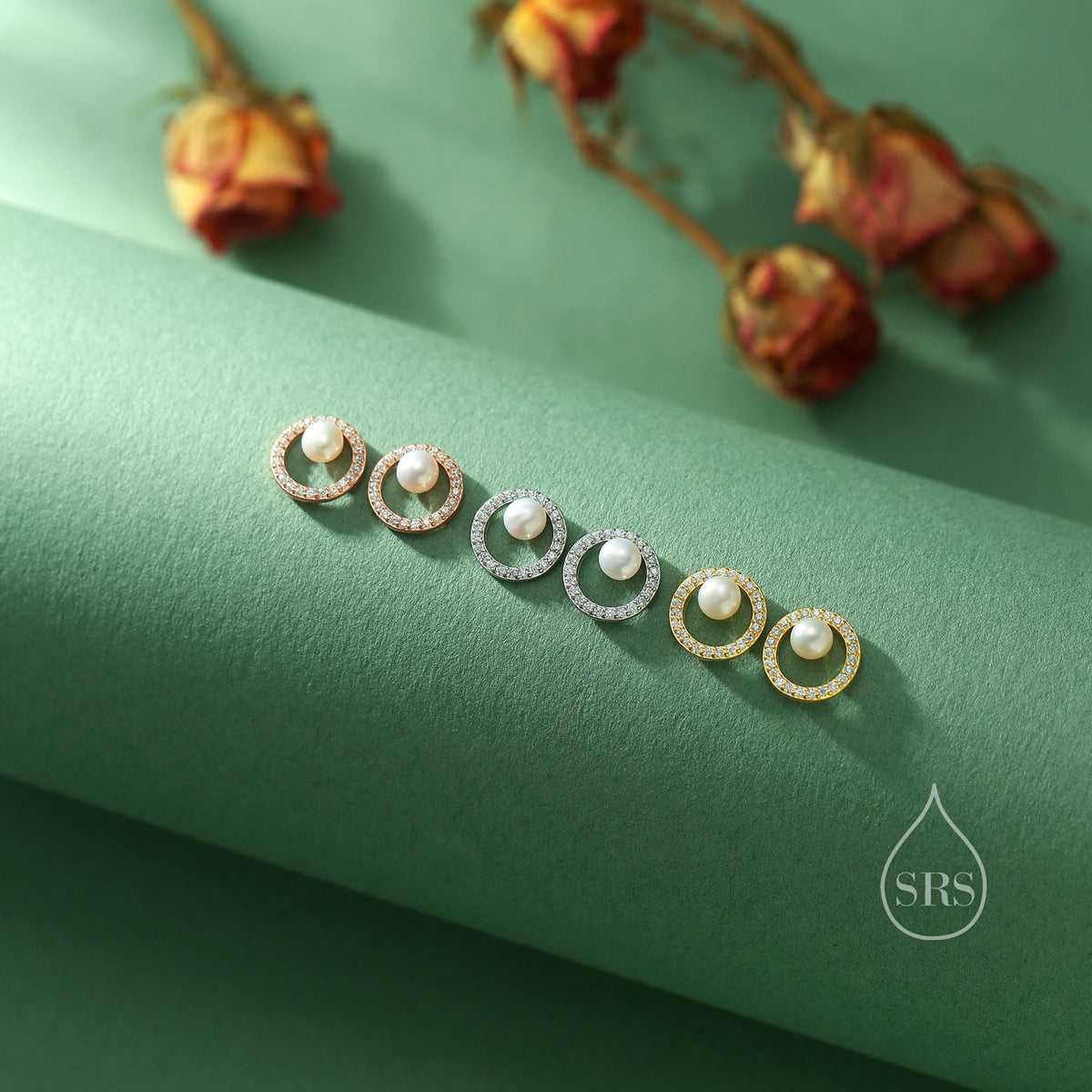 Pave Circle with Pearls Stud Earrings in Sterling Silver, CZ Pave, Genuine Freshwater Pearls