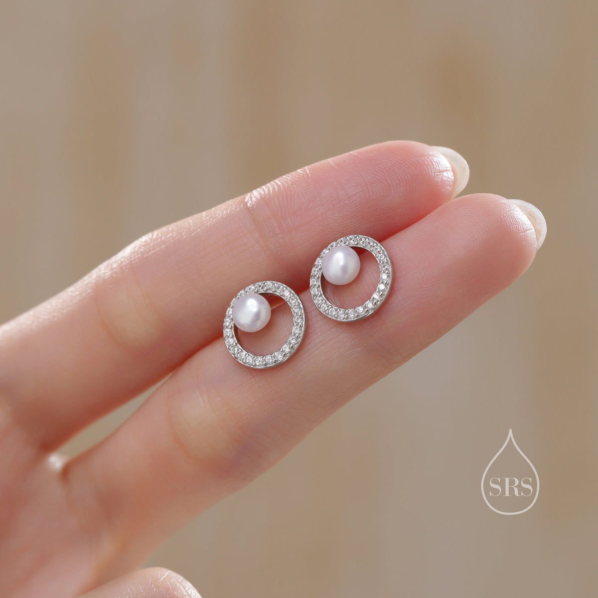 Pave Circle with Pearls Stud Earrings in Sterling Silver, CZ Pave, Genuine Freshwater Pearls