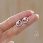 Pave Circle with Pearls Stud Earrings in Sterling Silver, CZ Pave, Genuine Freshwater Pearls