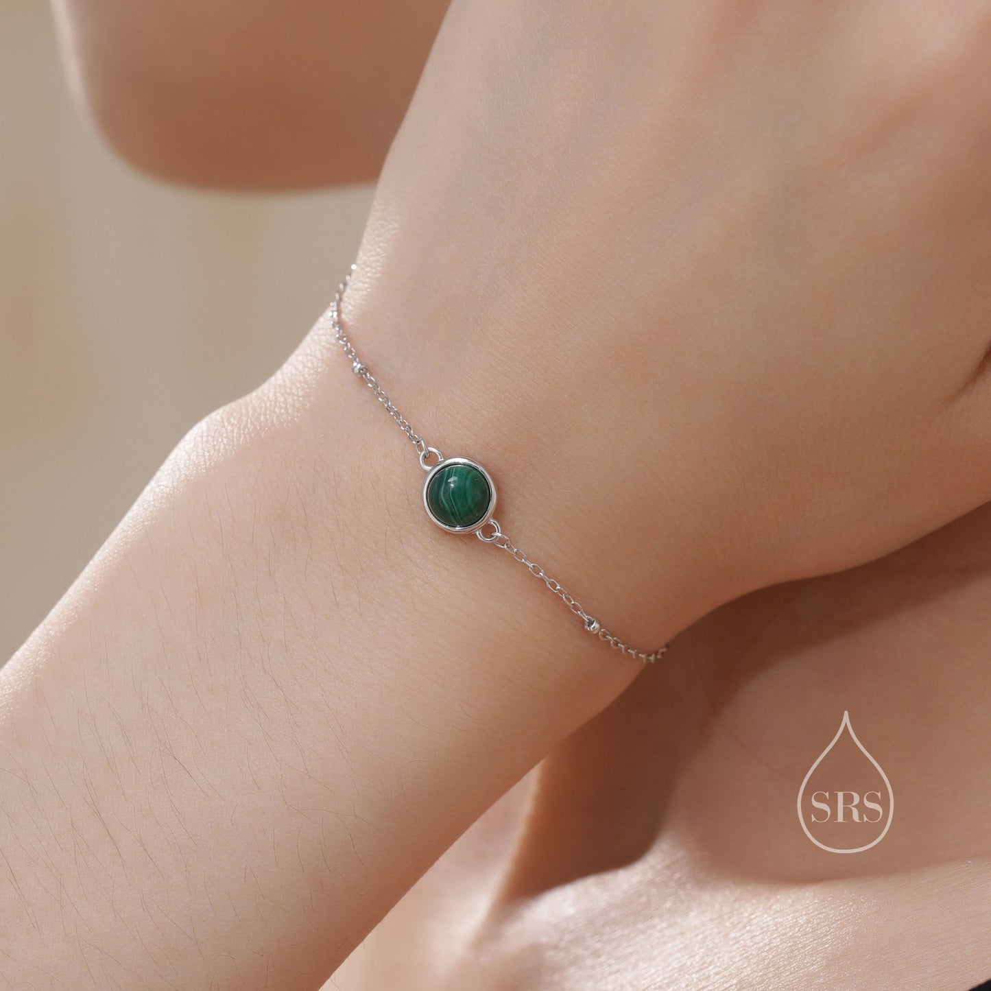 Genuine Malachite Bracelet in Sterling Silver, Natural Malachite Bracelet, Silver Single Malachite Bracelet with Satellite Chain