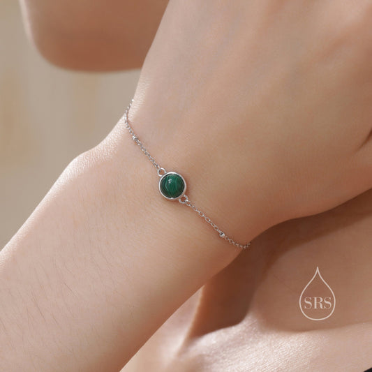 Genuine Malachite Bracelet in Sterling Silver, Natural Malachite Bracelet, Silver Single Malachite Bracelet with Satellite Chain