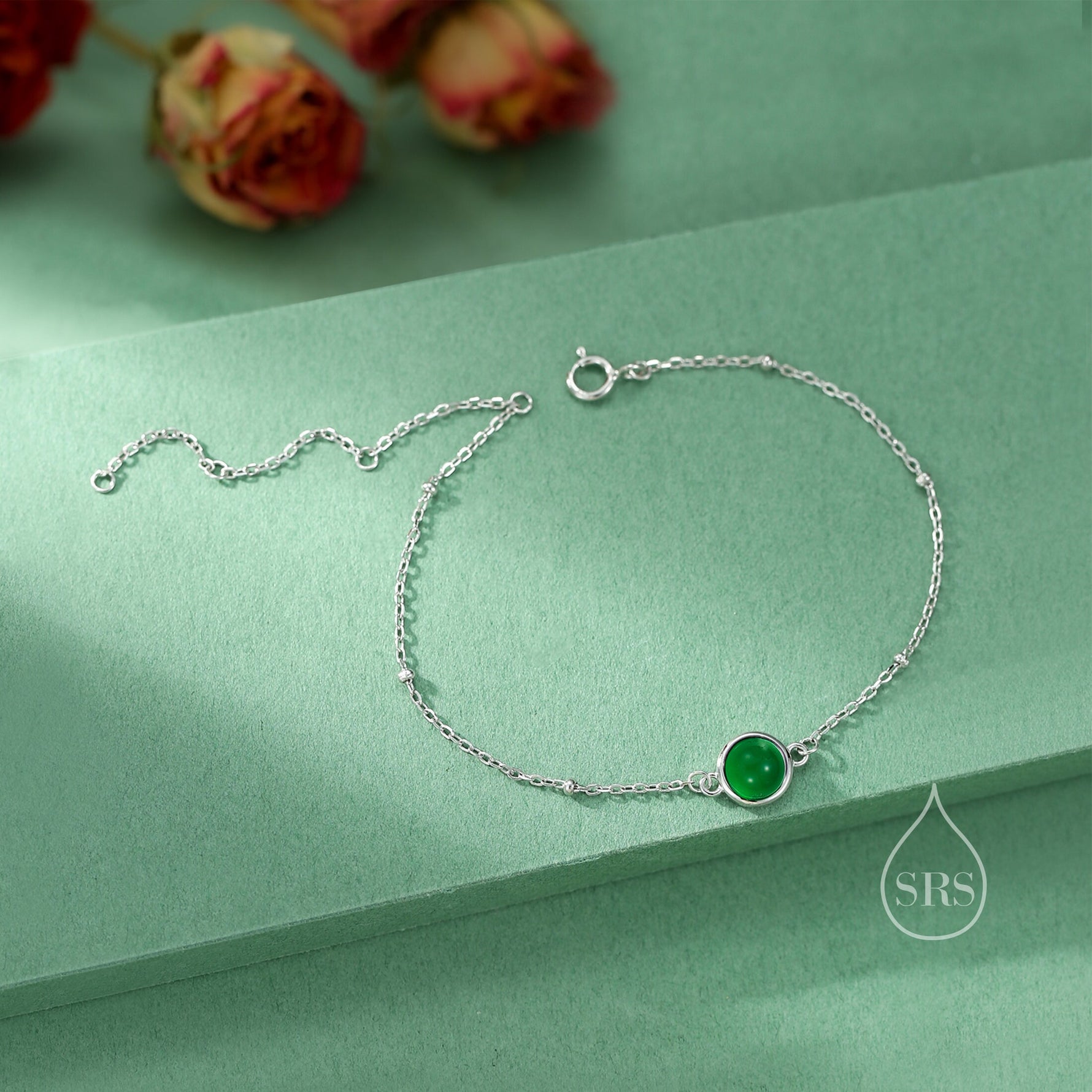 Genuine Green Onyx Bracelet in Sterling Silver, Natural Green Onyx Bracelet, Silver Single Green Onyx Bracelet with Satellite Chain