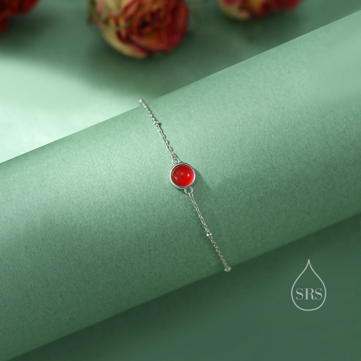 Genuine Red Onyx Bracelet in Sterling Silver, Natural Red Onyx Bracelet, Silver Single Red Carnelian Bracelet with Satellite Chain