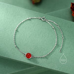 Genuine Red Onyx Bracelet in Sterling Silver, Natural Red Onyx Bracelet, Silver Single Red Carnelian Bracelet with Satellite Chain