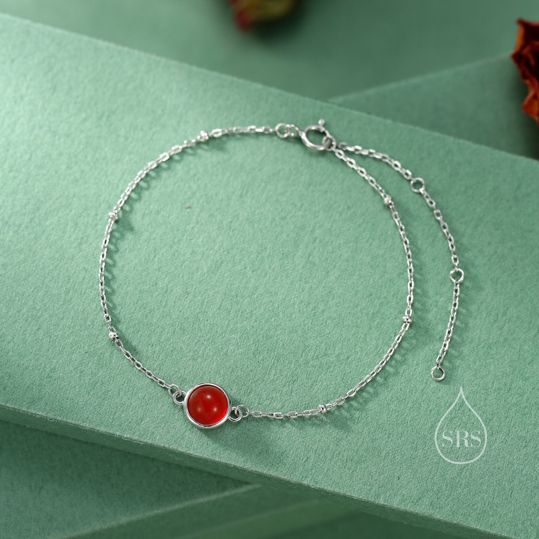 Genuine Red Onyx Bracelet in Sterling Silver, Natural Red Onyx Bracelet, Silver Single Red Carnelian Bracelet with Satellite Chain