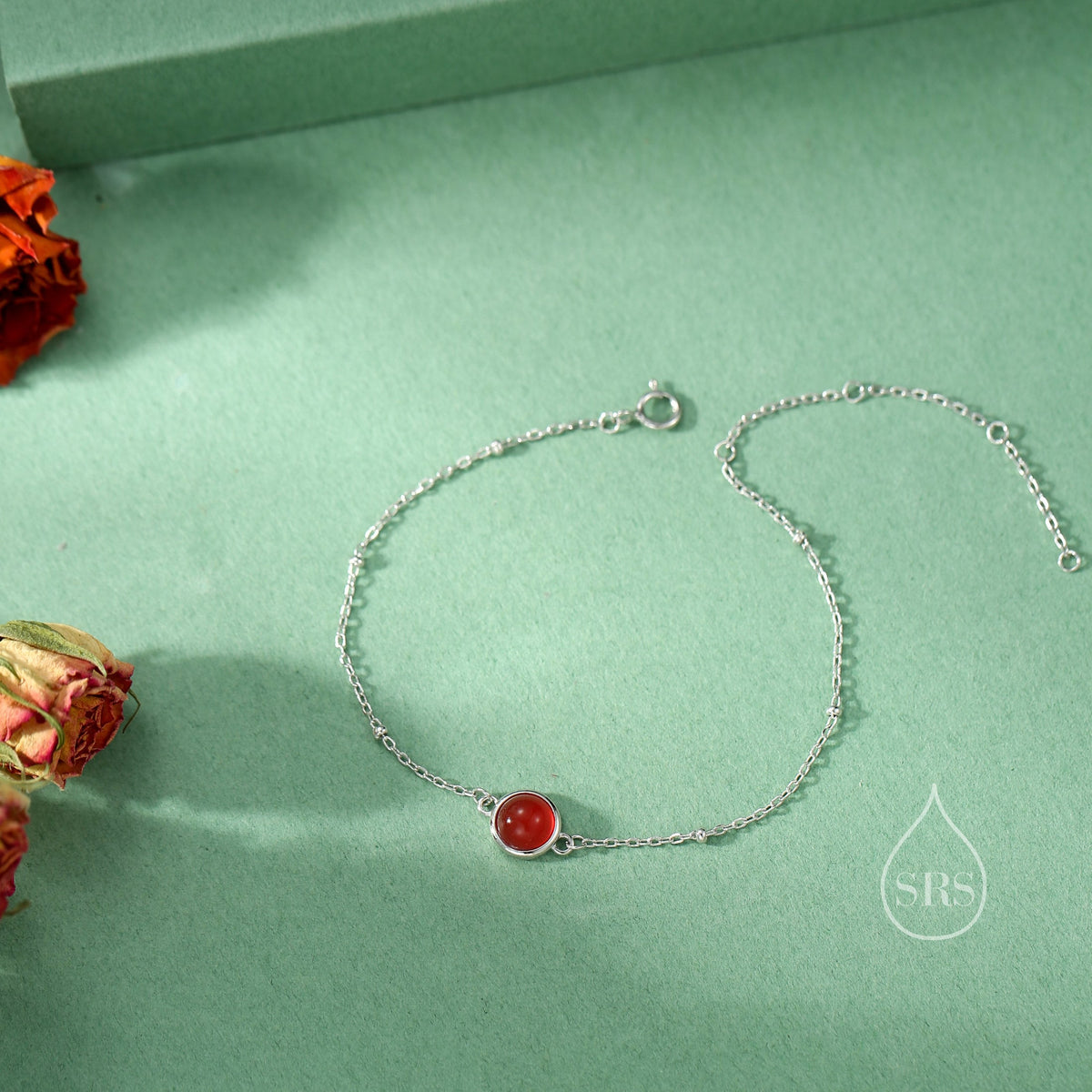 Genuine Red Onyx Bracelet in Sterling Silver, Natural Red Onyx Bracelet, Silver Single Red Carnelian Bracelet with Satellite Chain