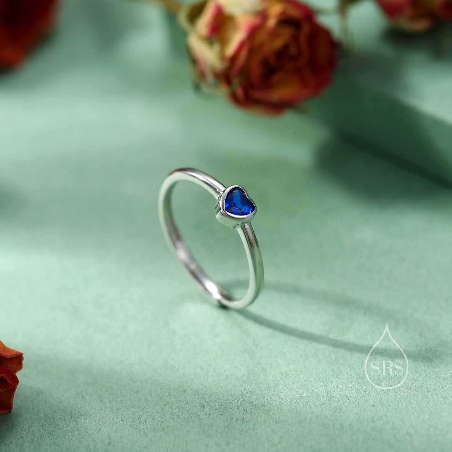 Sterling Silver Very Tiny Sapphire Blue CZ Heart Ring, Adjustable Size,  Blue Heart Ring, Tiny Heart Ring, Tiny Blue CZ Heart Ring