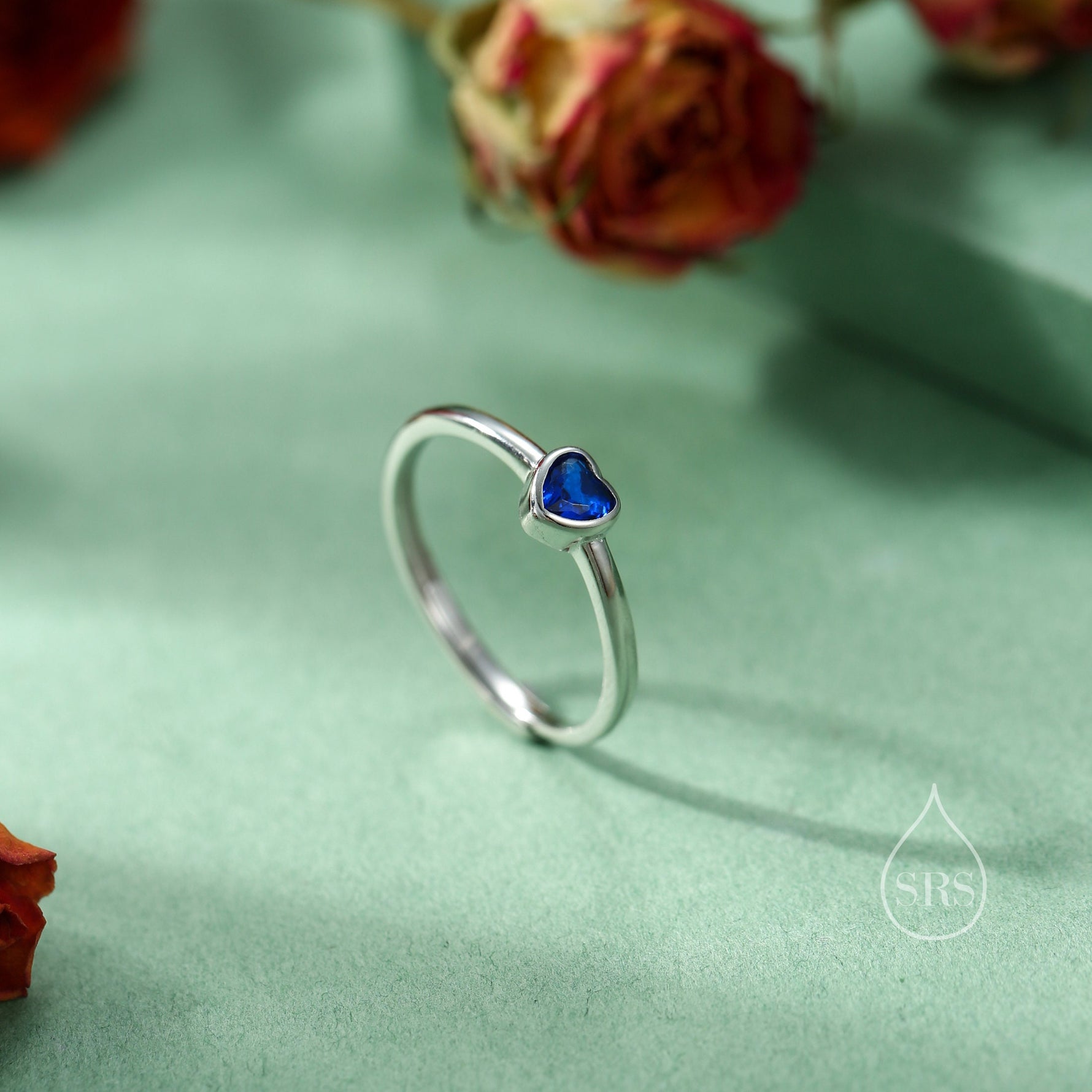 Sterling Silver Very Tiny Sapphire Blue CZ Heart Ring, Adjustable Size, Blue Heart Ring, Tiny Heart Ring, Tiny Blue CZ Heart Ring