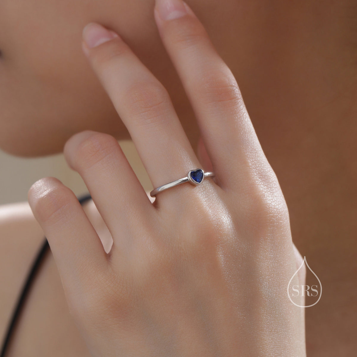 Sterling Silver Very Tiny Sapphire Blue CZ Heart Ring, Adjustable Size, Blue Heart Ring, Tiny Heart Ring, Tiny Blue CZ Heart Ring