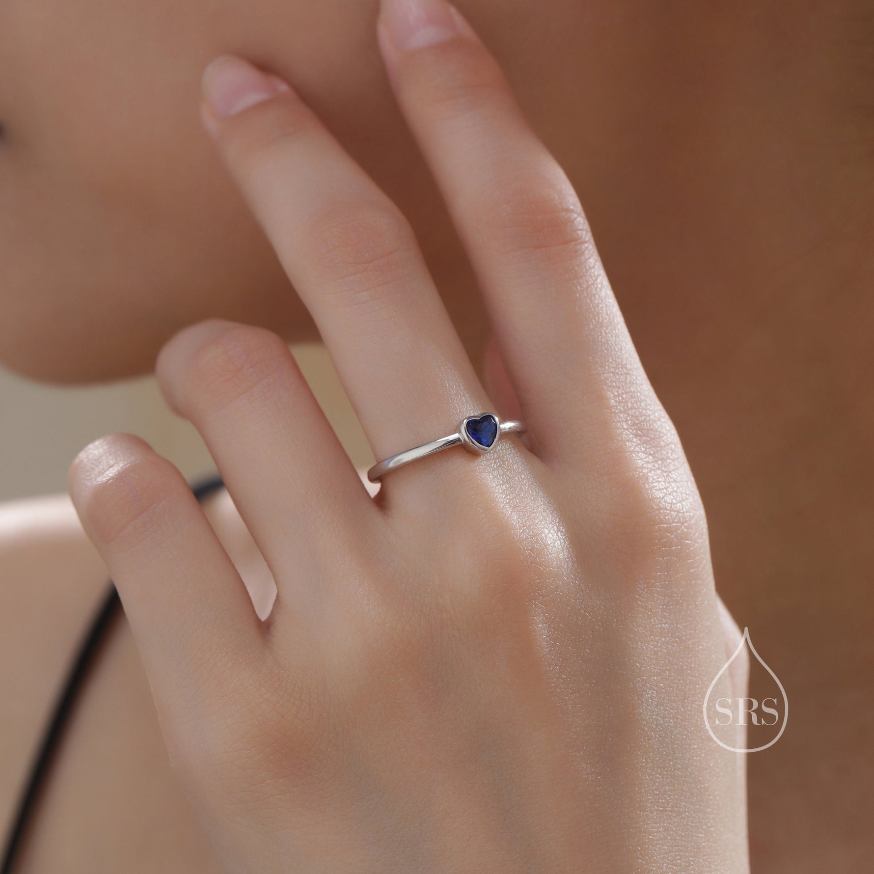 Sterling Silver Very Tiny Sapphire Blue CZ Heart Ring, Adjustable Size, Blue Heart Ring, Tiny Heart Ring, Tiny Blue CZ Heart Ring