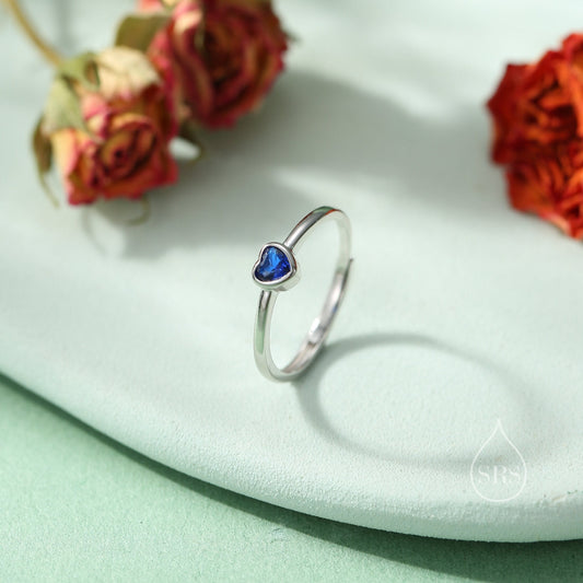 Sterling Silver Very Tiny Sapphire Blue CZ Heart Ring, Adjustable Size,  Blue Heart Ring, Tiny Heart Ring, Tiny Blue CZ Heart Ring