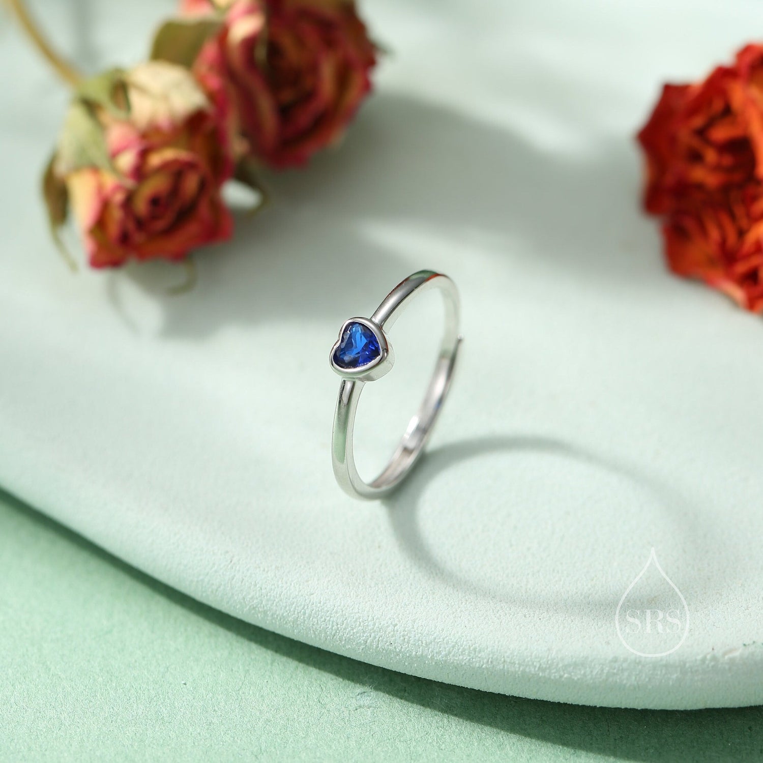 Sterling Silver Very Tiny Sapphire Blue CZ Heart Ring, Adjustable Size, Blue Heart Ring, Tiny Heart Ring, Tiny Blue CZ Heart Ring