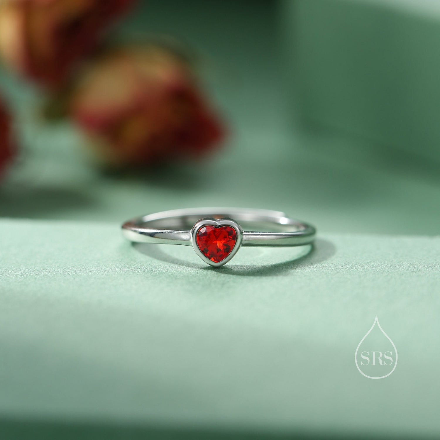 Sterling Silver Very Tiny Garnet Red CZ Heart Ring, Adjustable Size, Red Heart Ring, Tiny Heart Ring, Tiny Red CZ Heart Ring