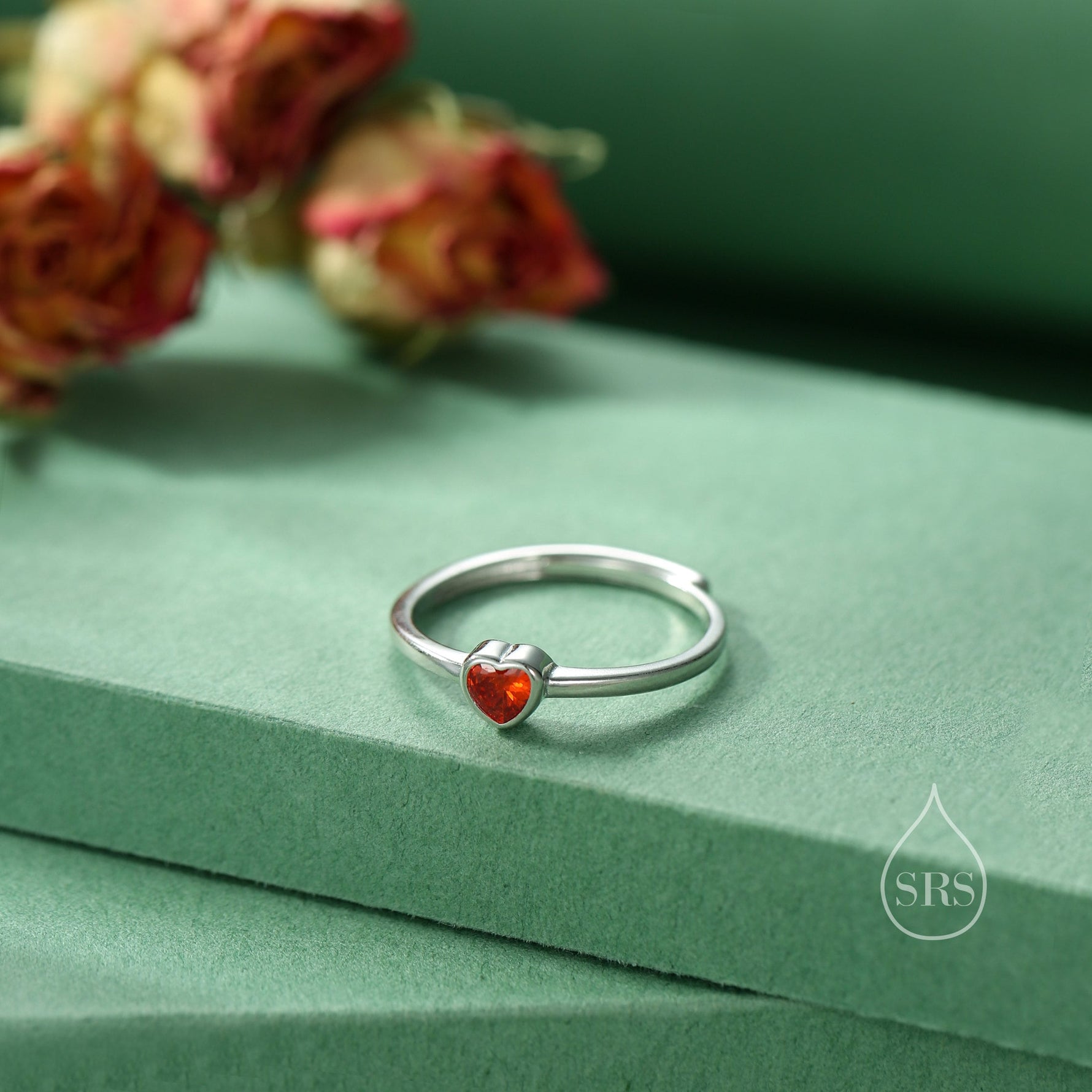 Sterling Silver Very Tiny Garnet Red CZ Heart Ring, Adjustable Size, Red Heart Ring, Tiny Heart Ring, Tiny Red CZ Heart Ring