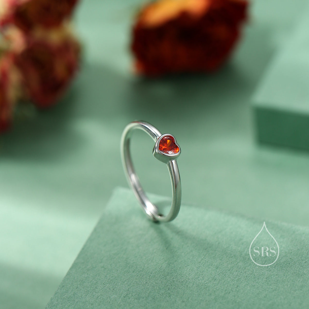 Sterling Silver Very Tiny Garnet Red CZ Heart Ring, Adjustable Size, Red Heart Ring, Tiny Heart Ring, Tiny Red CZ Heart Ring