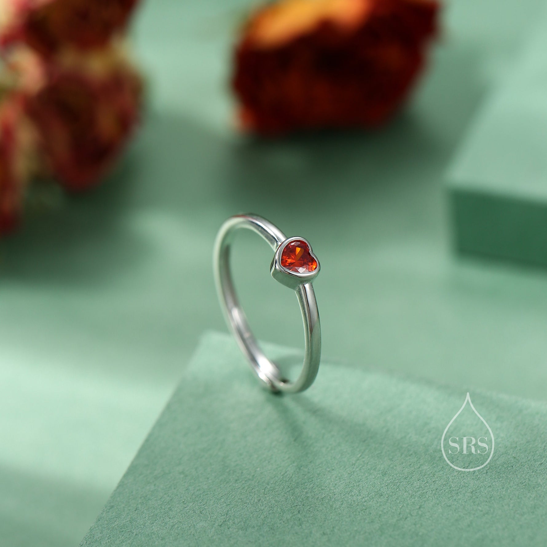 Sterling Silver Very Tiny Garnet Red CZ Heart Ring, Adjustable Size, Red Heart Ring, Tiny Heart Ring, Tiny Red CZ Heart Ring