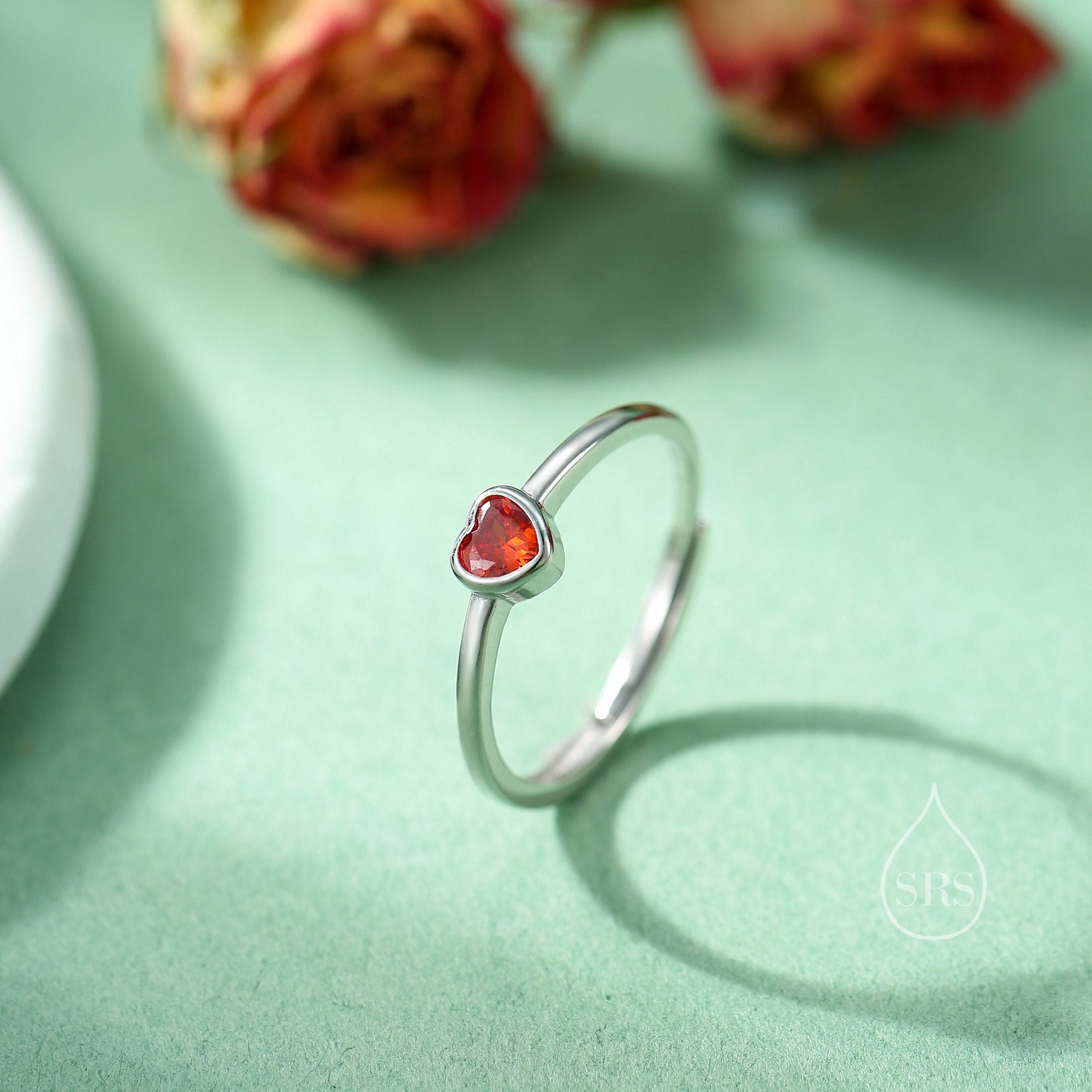 Sterling Silver Very Tiny Garnet Red CZ Heart Ring, Adjustable Size, Red Heart Ring, Tiny Heart Ring, Tiny Red CZ Heart Ring